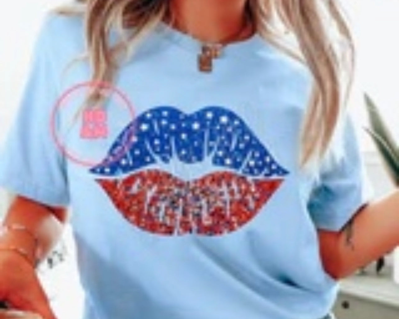 Lips giltter red white blue glitter July 4th America MATTE BREATHABLE CLEAR FILM SCREEN PRINT TRANSFER ADULT 9X12